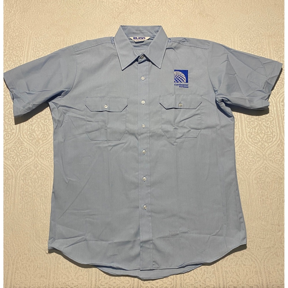 Vintage Continental Airlines Uniform Shirt Mens L Blue Lion Made USA Workwear
